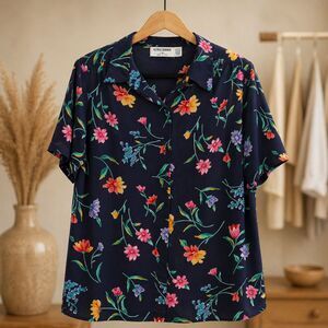 Vintage Alfred Dunner Floral Blouse 12 Navy Blue Cottagecore Grandmacore Spring